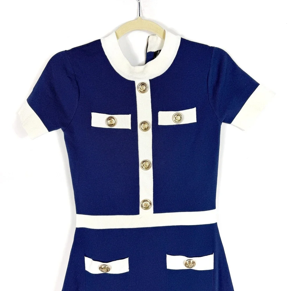 Alexia Admor Beatrix Mini Dress Navy Blue White Contrast Knit Button Women XS